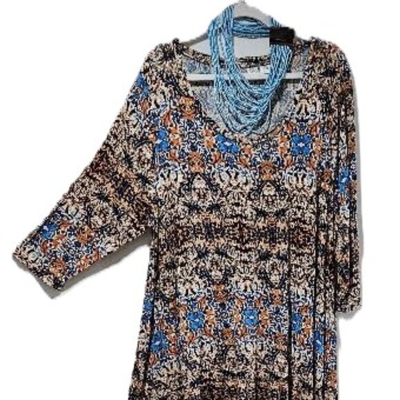 Artisan Ny Tops - FALL BOHO MOROCCAN PRINT POINTED HEM  3/4  LENGTH SLEEVES TUNIC TOP  2X